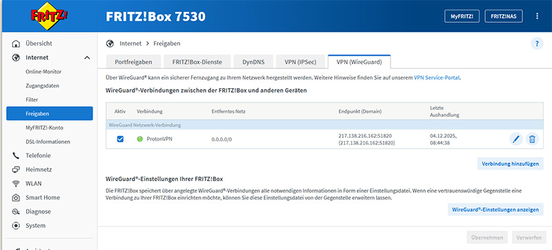 Aktive ProtonVPN-Verbindung (grüner Status)