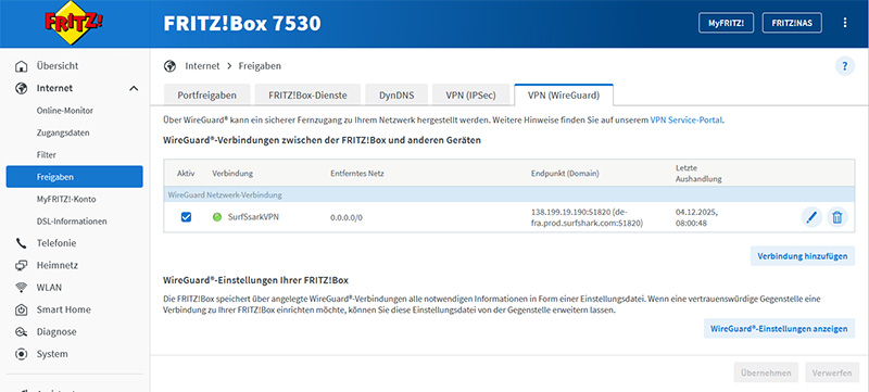 Fritz!Box: Aktive Surfshark-Verbindung (grüner Status)
