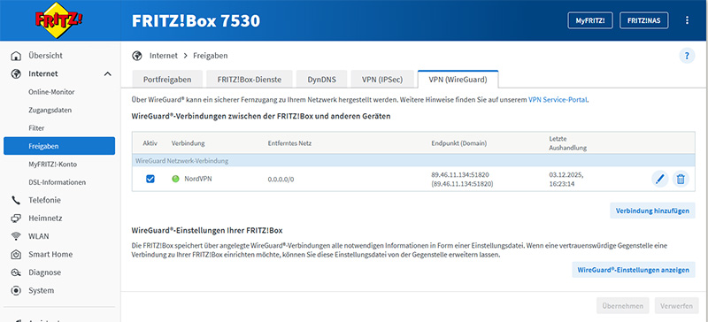 Fritz!Box: Aktive WireGuard-Verbindung (grüner Status)