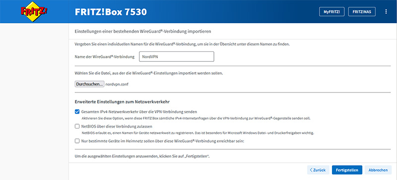 Fritz!Box: WireGuard-Verbindung Import-Dialog