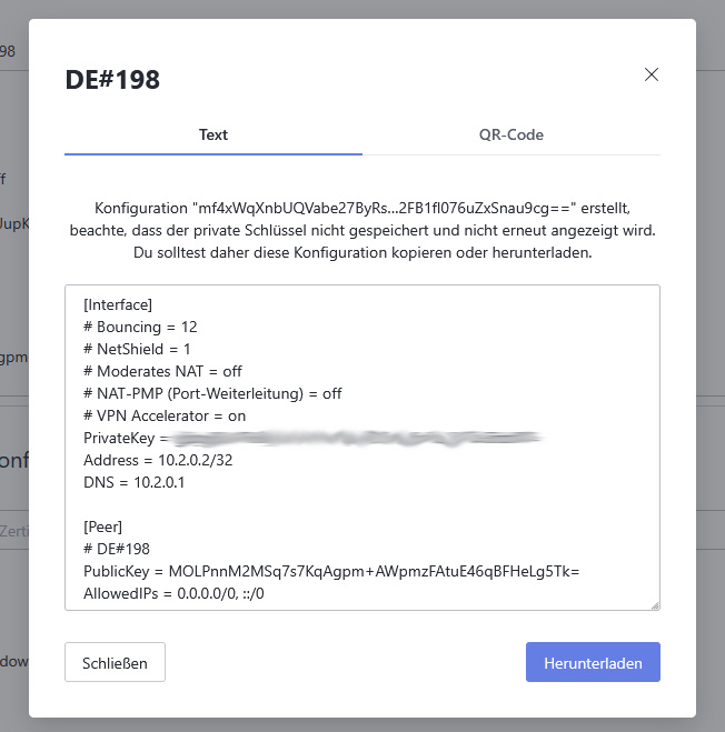 ProtonVPN: WireGuard-Zugangsdaten im Downloads-Bereich