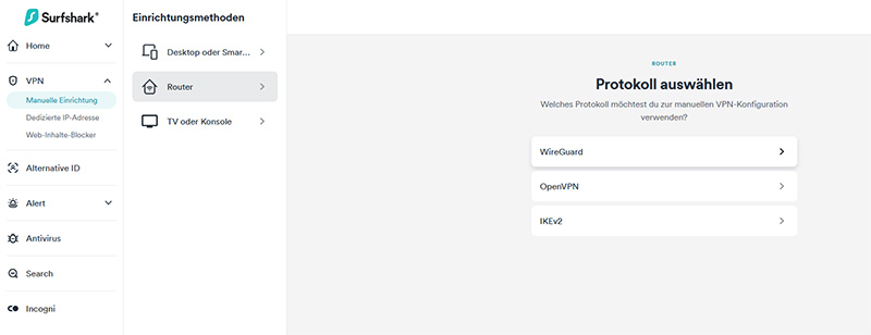 Surfshark Dashboard: WireGuard-Konfigurationen Übersicht
