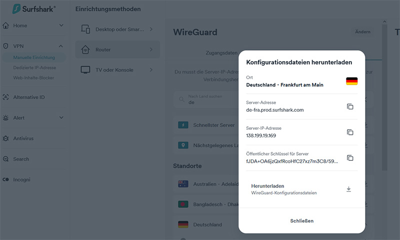 Surfshark: WireGuard-Konfiguration generieren (Deutschland Server)